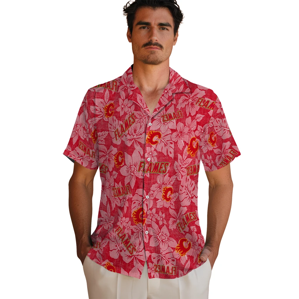 Calgary Flames Hawaiian Shirt - Hibiscus Oasis 2 Calgary Flames Hawaiian Shirt - Hibiscus Oasis - Image 2