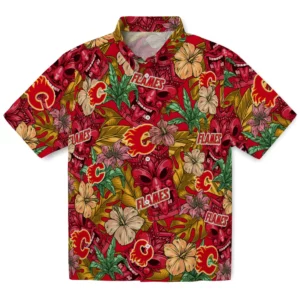 Calgary Flames Hawaiian Shirt - Hibiscus Tiki Jungle