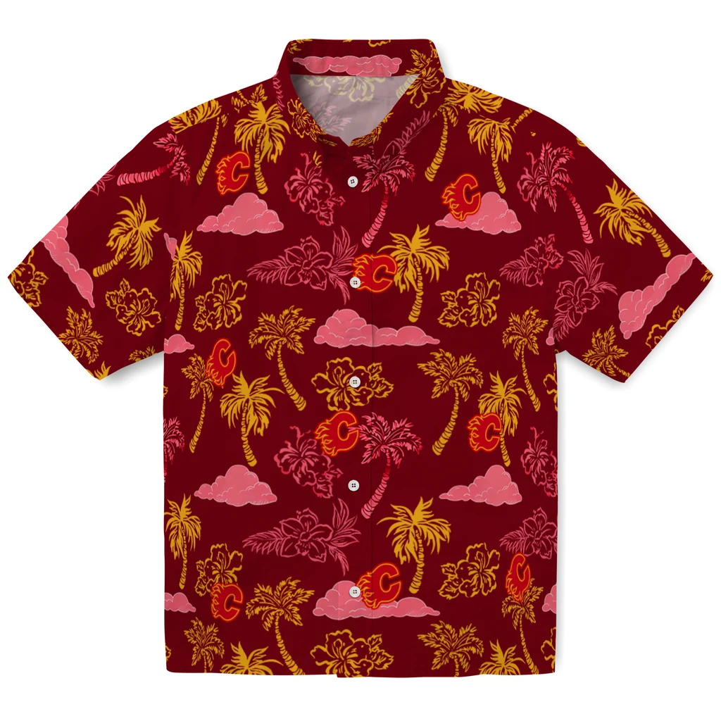 Calgary Flames Hawaiian Shirt - Palm And Clouds 1 Calgary Flames Hawaiian Shirt - Palm And Clouds