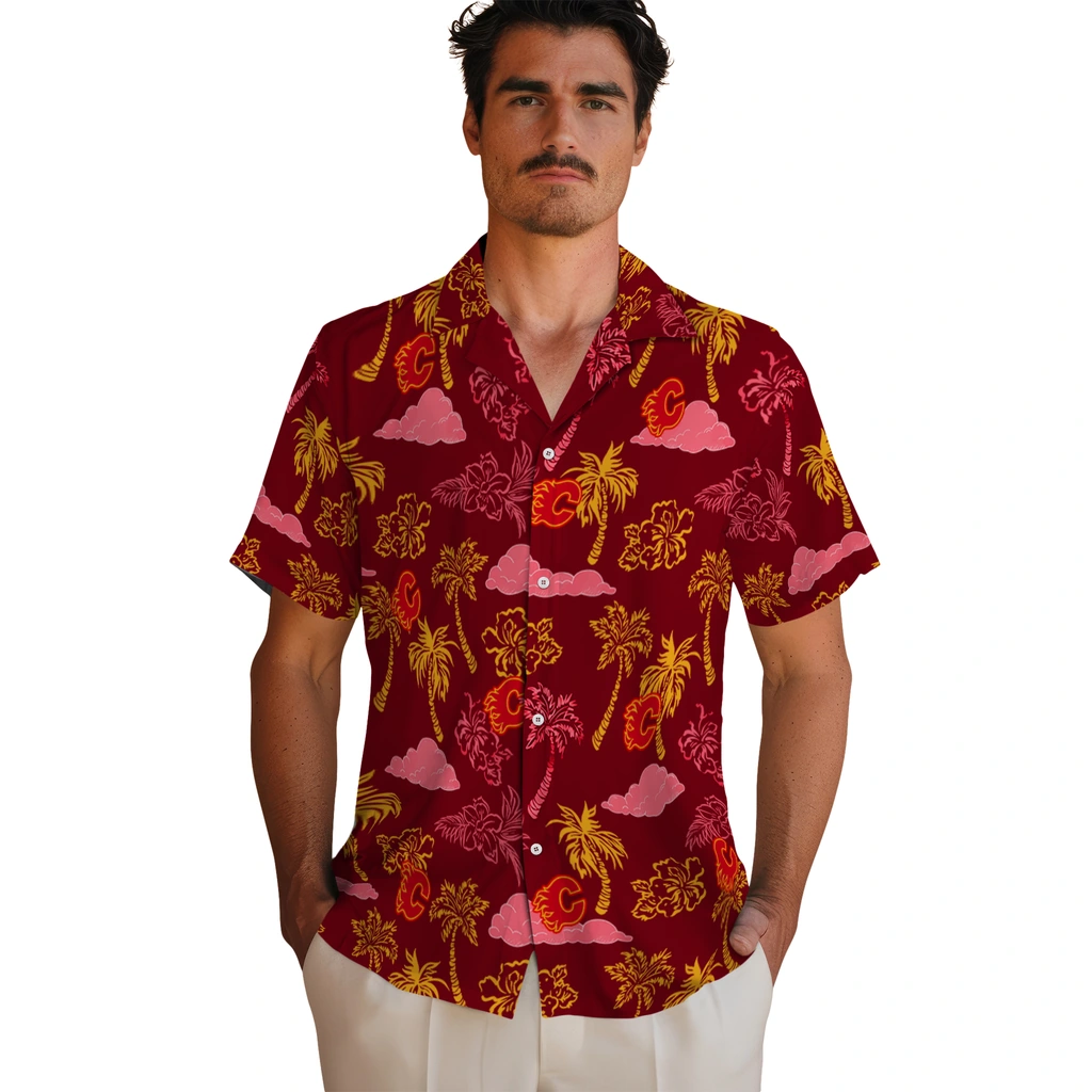 Calgary Flames Hawaiian Shirt - Palm And Clouds 2 Calgary Flames Hawaiian Shirt - Palm And Clouds - Image 2