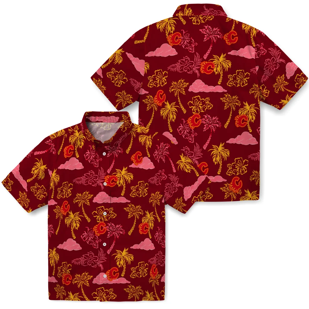 Calgary Flames Hawaiian Shirt - Palm And Clouds 3 Calgary Flames Hawaiian Shirt - Palm And Clouds - Image 3