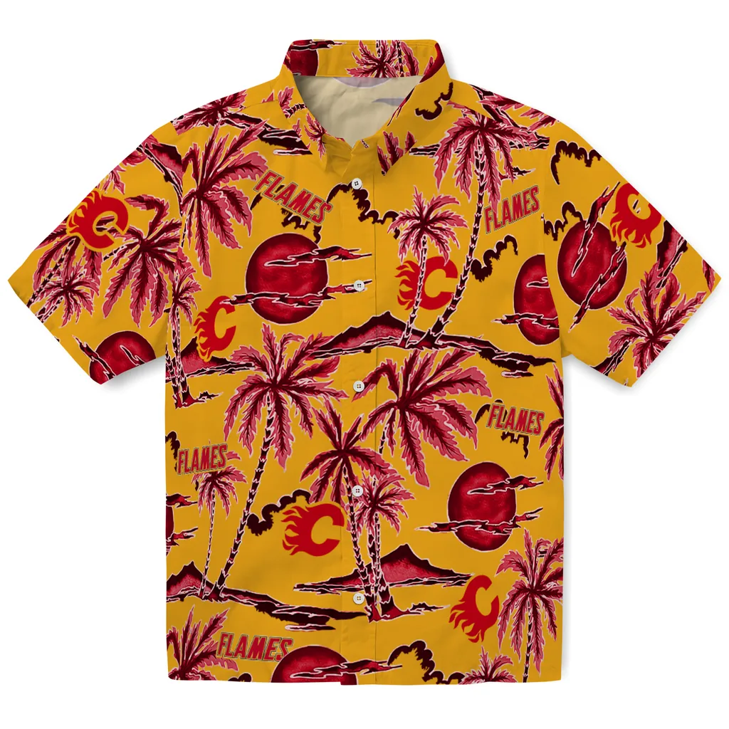 Calgary Flames Hawaiian Shirt - Palm Sunset 1 Calgary Flames Hawaiian Shirt - Palm Sunset