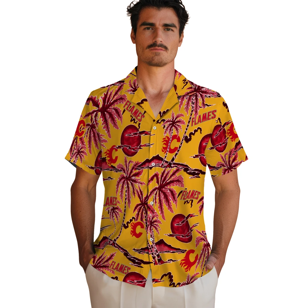 Calgary Flames Hawaiian Shirt - Palm Sunset 2 Calgary Flames Hawaiian Shirt - Palm Sunset - Image 2