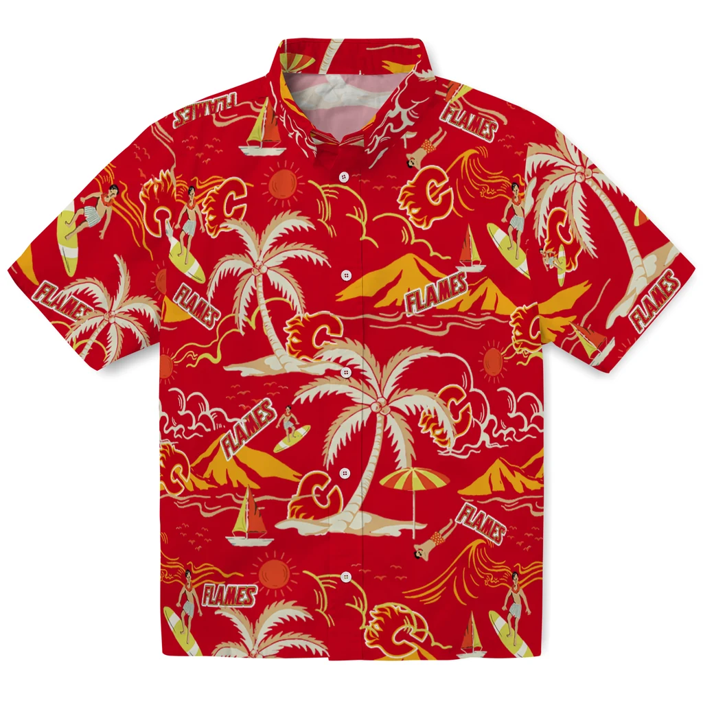 Calgary Flames Hawaiian Shirt - Palm Tree Island 1 Calgary Flames Hawaiian Shirt - Palm Tree Island
