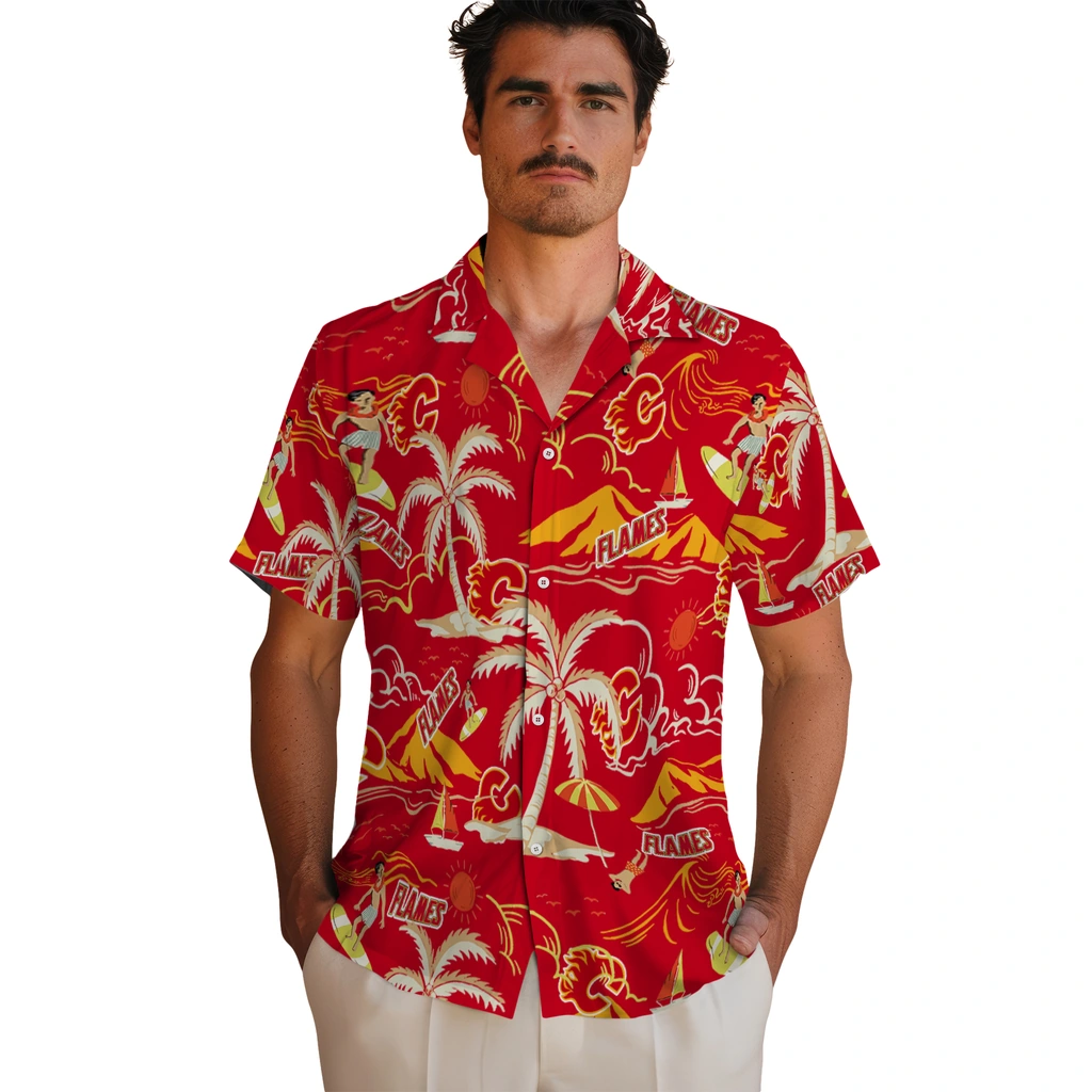 Calgary Flames Hawaiian Shirt - Palm Tree Island 2 Calgary Flames Hawaiian Shirt - Palm Tree Island - Image 2