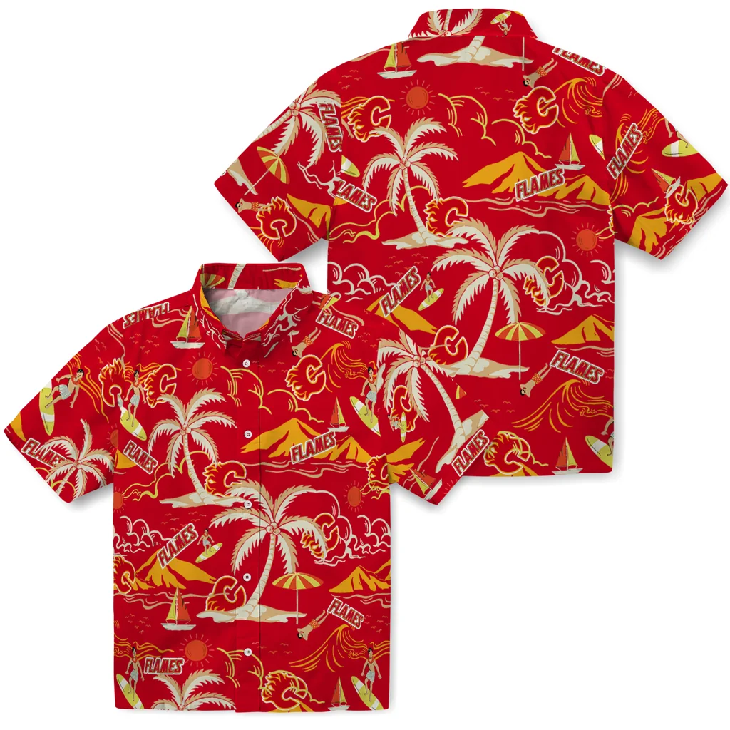 Calgary Flames Hawaiian Shirt - Palm Tree Island 3 Calgary Flames Hawaiian Shirt - Palm Tree Island - Image 3