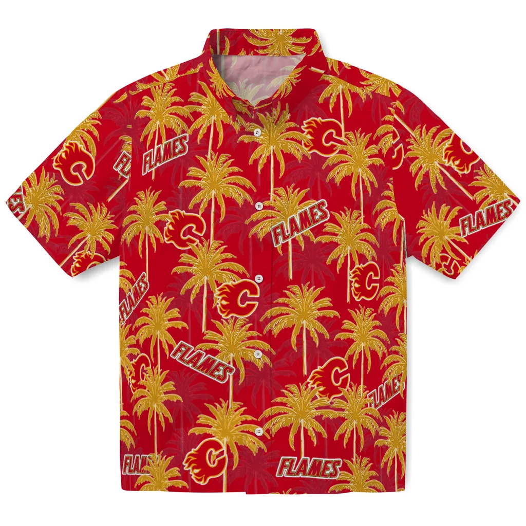 Calgary Flames Hawaiian Shirt - Palm Tree Motif 1 Calgary Flames Hawaiian Shirt - Palm Tree Motif