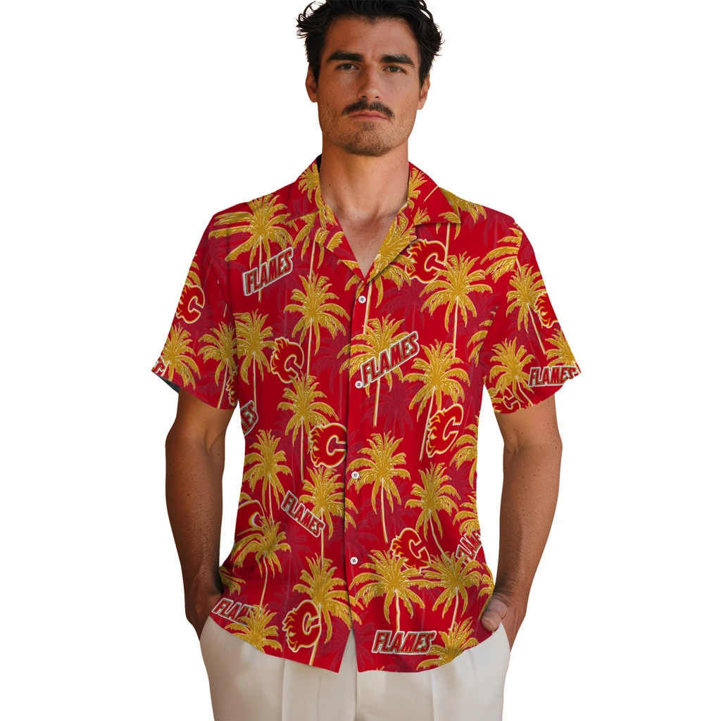 Calgary Flames Hawaiian Shirt - Palm Tree Motif 2 Calgary Flames Hawaiian Shirt - Palm Tree Motif - Image 2