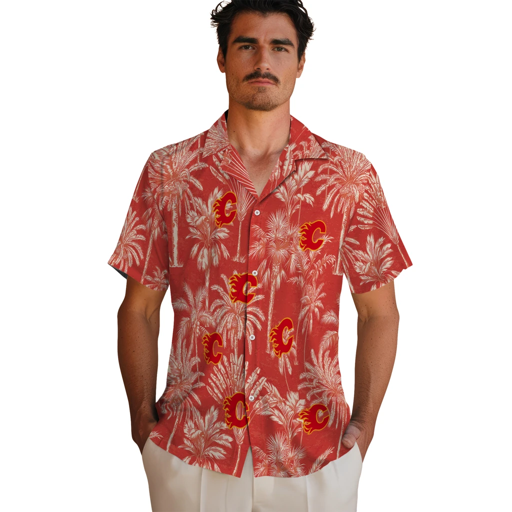Calgary Flames Hawaiian Shirt - Vintage Palm Tree 2 Calgary Flames Hawaiian Shirt - Vintage Palm Tree - Image 2