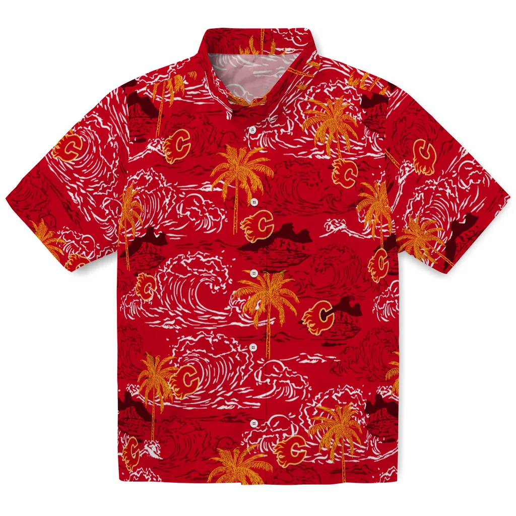 Calgary Flames Hawaiian Shirt - Wave Palm 1 Calgary Flames Hawaiian Shirt - Wave Palm
