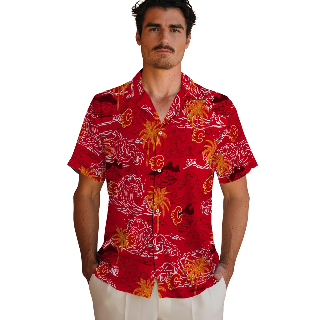 Calgary Flames Hawaiian Shirt - Wave Palm 2 Calgary Flames Hawaiian Shirt - Wave Palm - Image 2