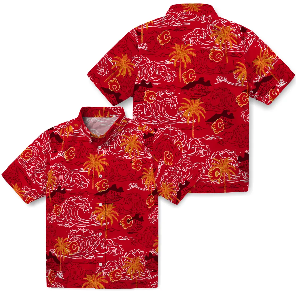 Calgary Flames Hawaiian Shirt - Wave Palm 3 Calgary Flames Hawaiian Shirt - Wave Palm - Image 3