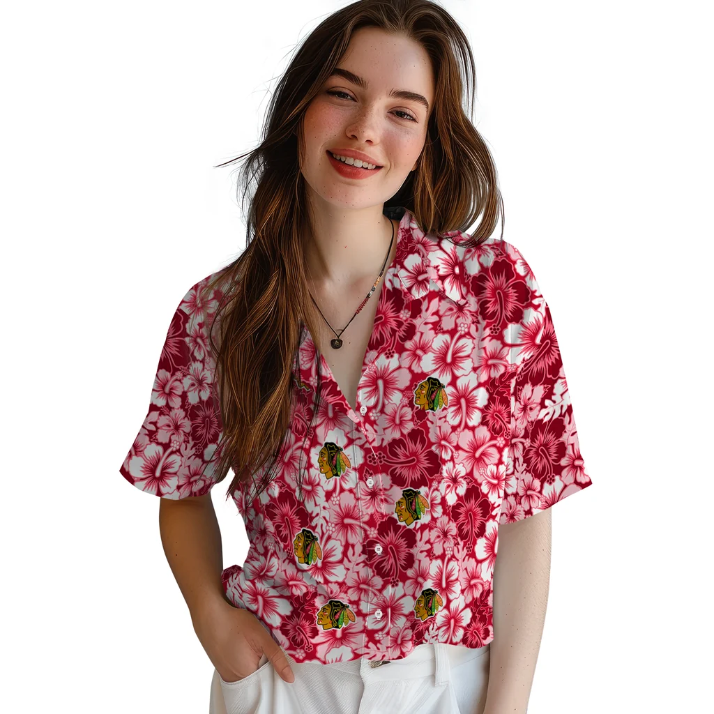 Chicago Blackhawks Hawaiian Shirt - Hibiscus Blooms 4 Chicago Blackhawks Hawaiian Shirt - Hibiscus Blooms - Image 4