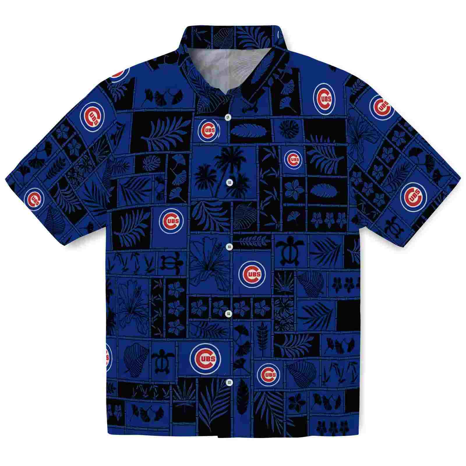 Chicago Cubs Tropical Patchwork Blue Black Aloha Hawaiian Shirt 1 Chicago Cubs Tropical Patchwork Blue Black Aloha Hawaiian Shirt
