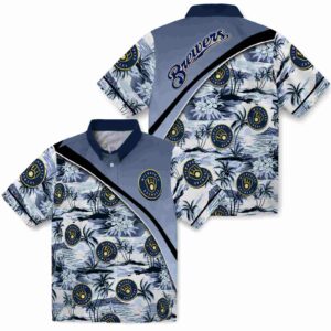 Milwaukee Brewers Sunset Palms Navy Blue White Hawaiian Shirt