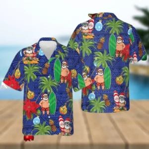 2025 Christmas Tropical Santa Holding Surfboard Hawaiian Shirt