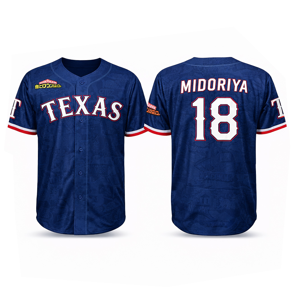 2026 Texas Rangers x My Hero Academia Deku Custom Name and Number Baseball Jersey 1 2026 Texas Rangers x My Hero Academia Deku Custom Name and Number Baseball Jersey