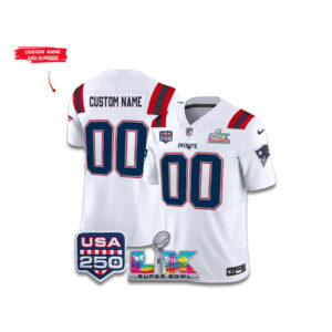 Custom Name and Number New England Patriots Super Bowl LX USA 250Th White Football Jersey