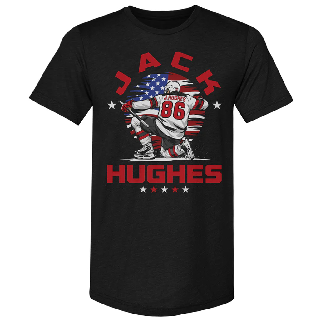 Jack Hughes USA Flag Celebration T-Shirt 1 Jack Hughes USA Flag Celebration T-Shirt