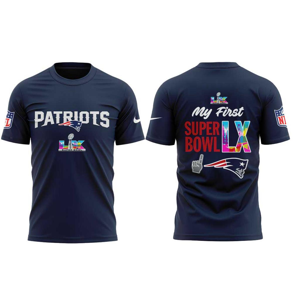 New England Patriots 2026 My First Super Bowl Celebrate Shirt 1 New England Patriots 2026 My First Super Bowl Celebrate T-Shirt