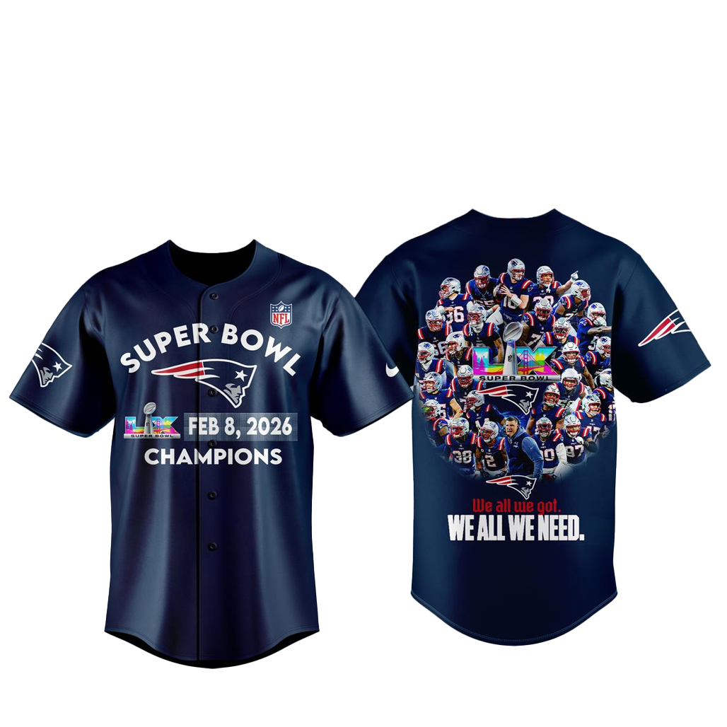 New England Patriots Super Bowl LX Champions 2026 Baseball Jersey 1 New England Patriots Super Bowl LX Champions 2026 Baseball Jersey
