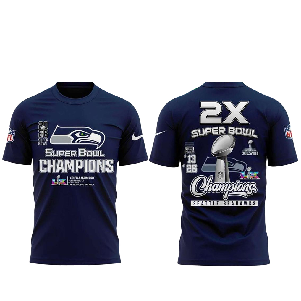 Seattle Seahawks 2026 2 Times Super Bowl Champions National Football League Shirt 1 Seattle Seahawks 2026 2 Times Super Bowl Champions National Football League T-Shirt