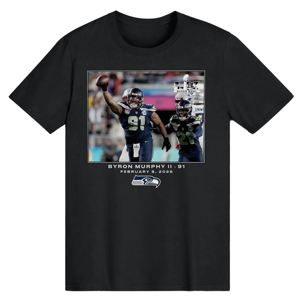 Seattle Seahawks Byron Murphy II Black Super Bowl LX T-Shirt 1 Seattle Seahawks Byron Murphy II Black Super Bowl LX T-Shirt