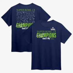 Seattle Seahawks College Navy Super Bowl LX Champions Signing Roster T-Shirt