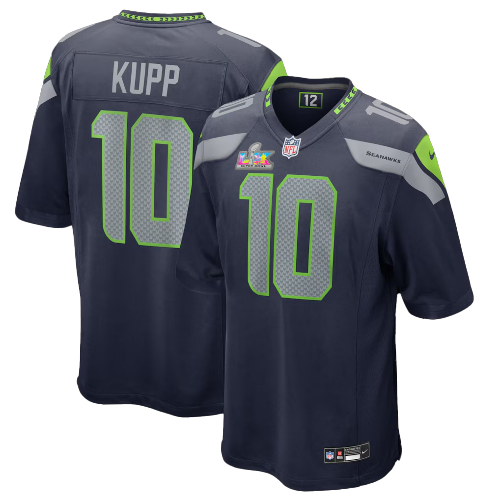 Seattle Seahawks Cooper Kupp Navy Super Bowl LX Patch Game Football Jersey 1 Seattle Seahawks Cooper Kupp Navy Super Bowl LX Patch Game Football Jersey
