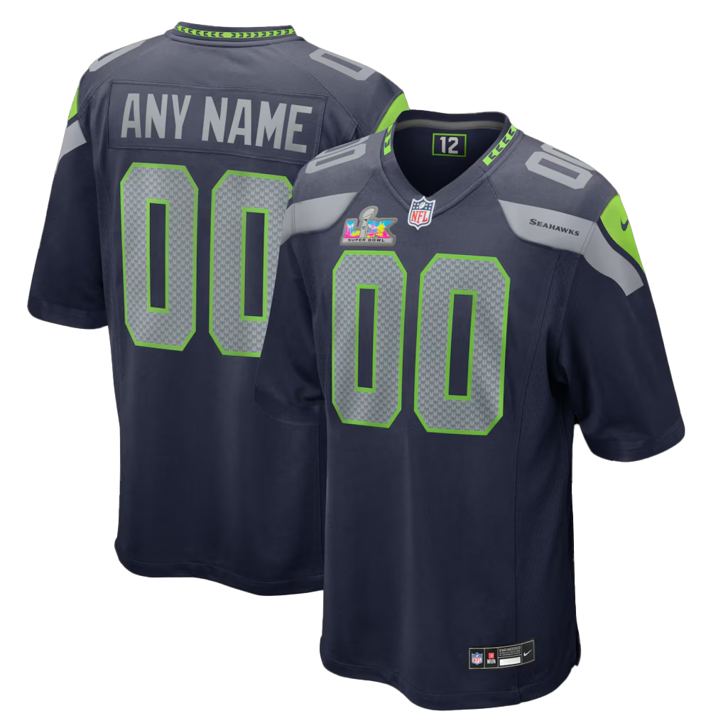 Seattle Seahawks Custom Name and Number Navy Super Bowl LX Patch Game Football Jersey 1 Seattle Seahawks Custom Name and Number Navy Super Bowl LX Patch Game Football Jersey