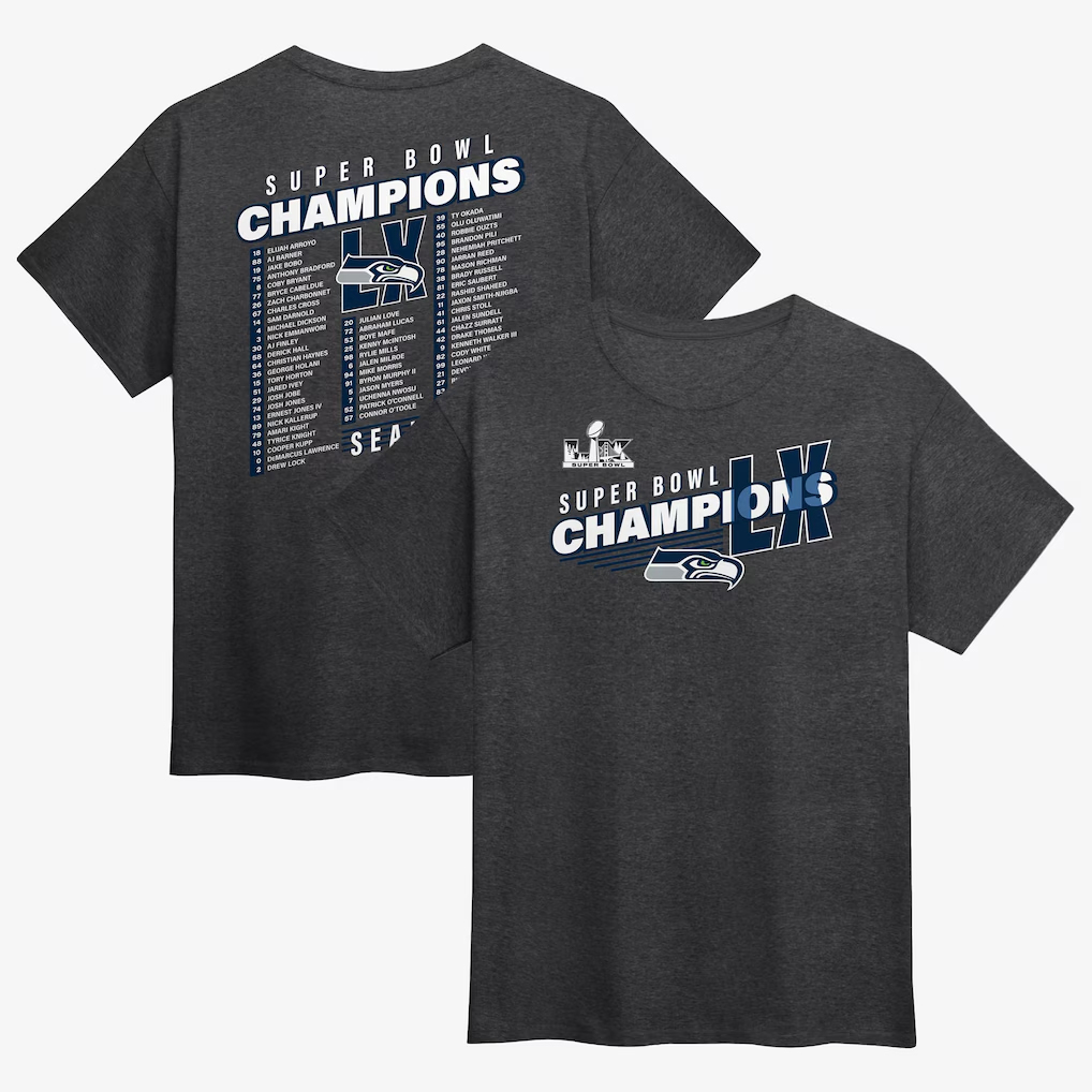 Seattle Seahawks Heather Charcoal Super Bowl LX Champions Best Teammates Roster T-Shirt 1 Seattle Seahawks Heather Charcoal Super Bowl LX Champions Best Teammates Roster T-Shirt