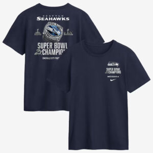 Seattle Seahawks Navy Two-Time Super Bowl Champions Downtown Ring Club T-Shirt