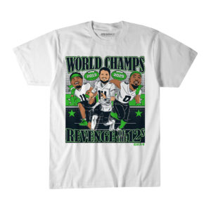 Seattle Seahawks Sam Darnold, Jaxon Smith-Njigba, & DeMarcus Lawrence World Champions Caricatures T-Shirt