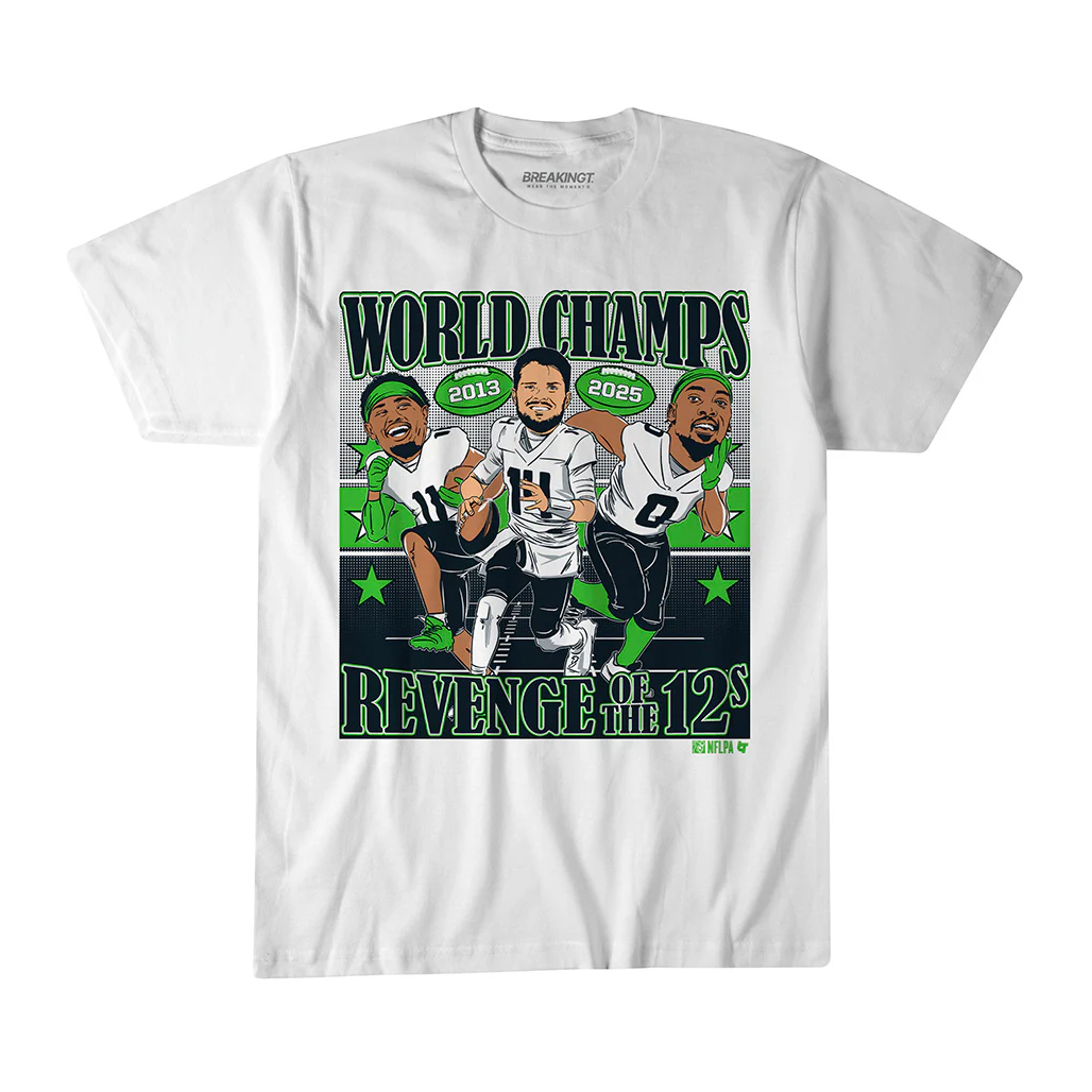 Seattle Seahawks Sam Darnold, Jaxon Smith-Njigba, & DeMarcus Lawrence World Champions Caricatures T-Shirt 1 Seattle Seahawks Sam Darnold, Jaxon Smith-Njigba, & DeMarcus Lawrence World Champions Caricatures T-Shirt