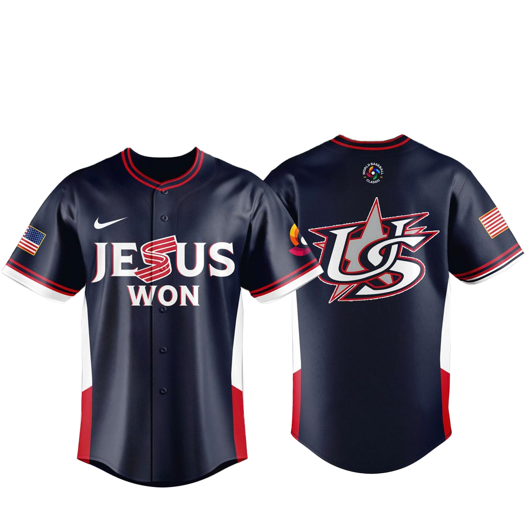 Team USA x Jesus Won 2026 World Baseball Classic Navy Baseball Jersey 1 Team USA x Jesus Won 2026 World Baseball Classic Navy Baseball Jersey