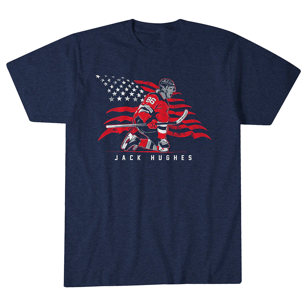 Jack Hughes Stars & Stripes Superstar Pose T-Shirt 1 Jack Hughes Stars & Stripes Superstar Pose T-Shirt