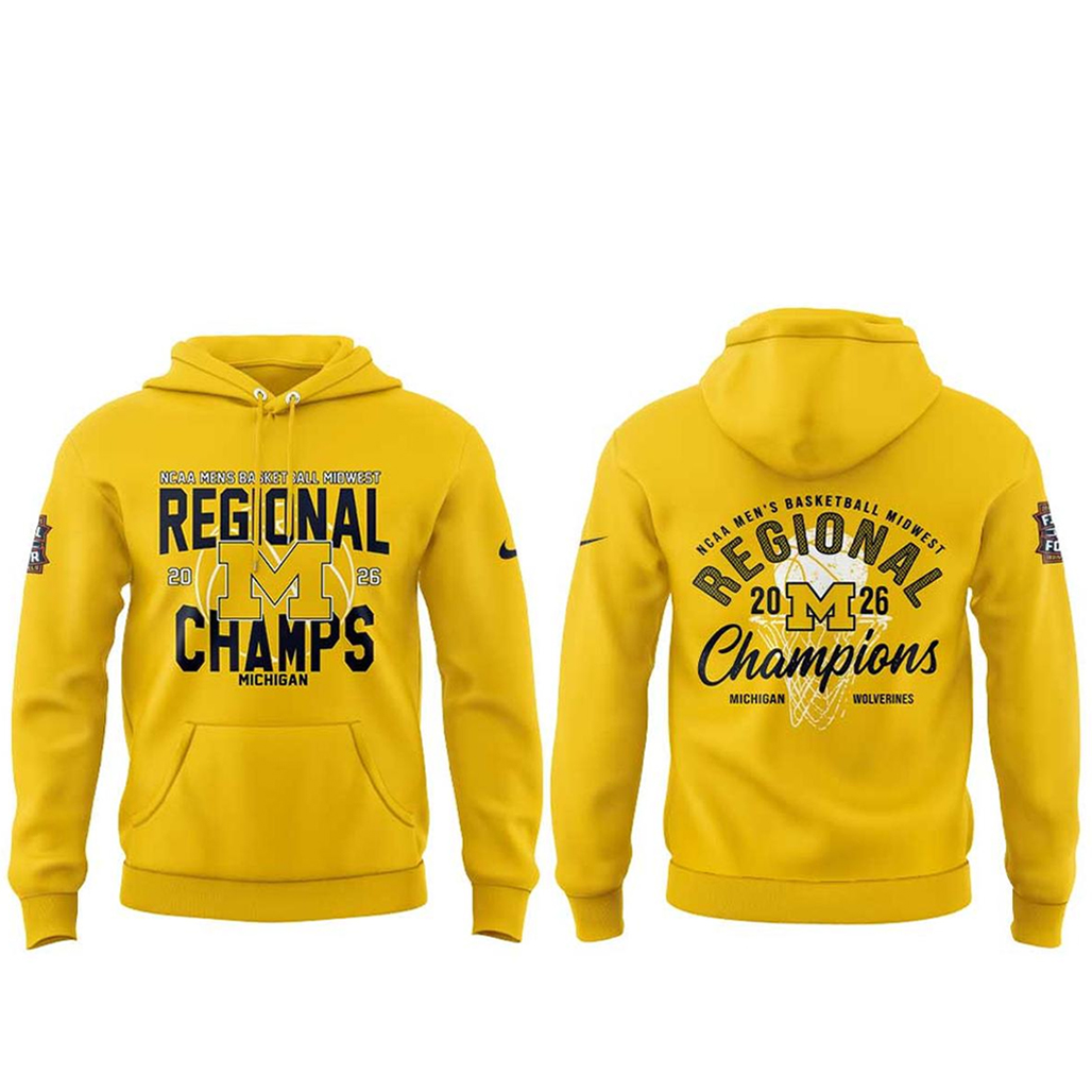 Michigan Wolverines 2026 NCAA Men’s Basketball Midwest Regional Champions Yellow Shirt 2 Michigan Wolverines 2026 NCAA Men’s Basketball Midwest Regional Champions Yellow Hoodie