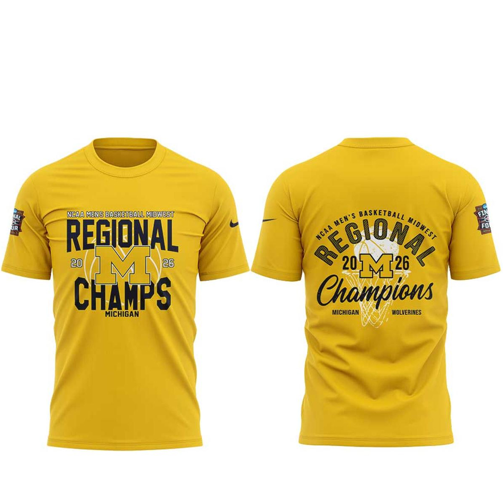 Michigan Wolverines 2026 NCAA Men’s Basketball Midwest Regional Champions Yellow Shirt 1 Michigan Wolverines 2026 NCAA Men’s Basketball Midwest Regional Champions Yellow T-Shirt