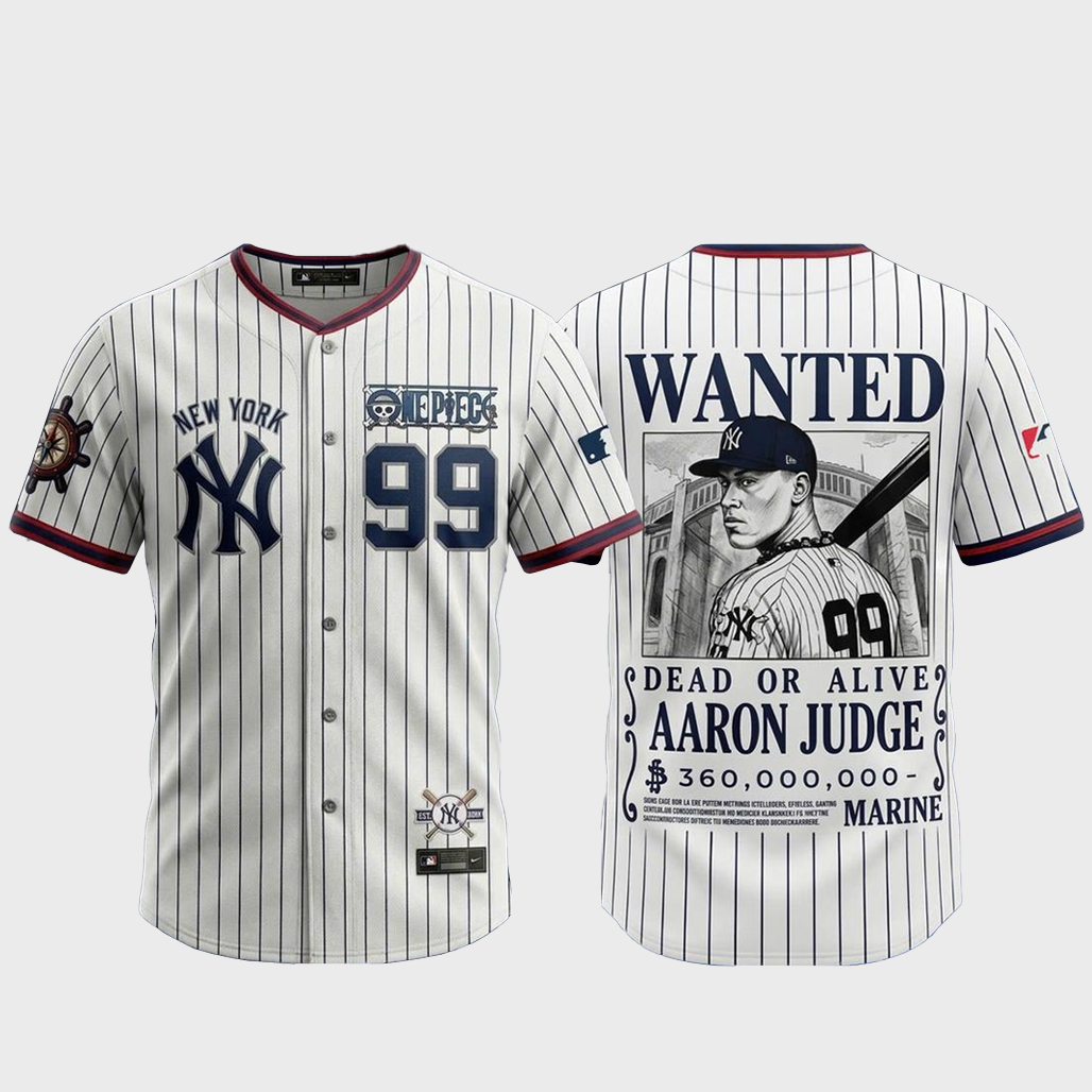 New York Yankees x One Piece 2026 Wanted Aaron Judge Bounty Hunter Baseball Jersey 1 New York Yankees x One Piece 2026 Wanted Aaron Judge Bounty Hunter Baseball Jersey