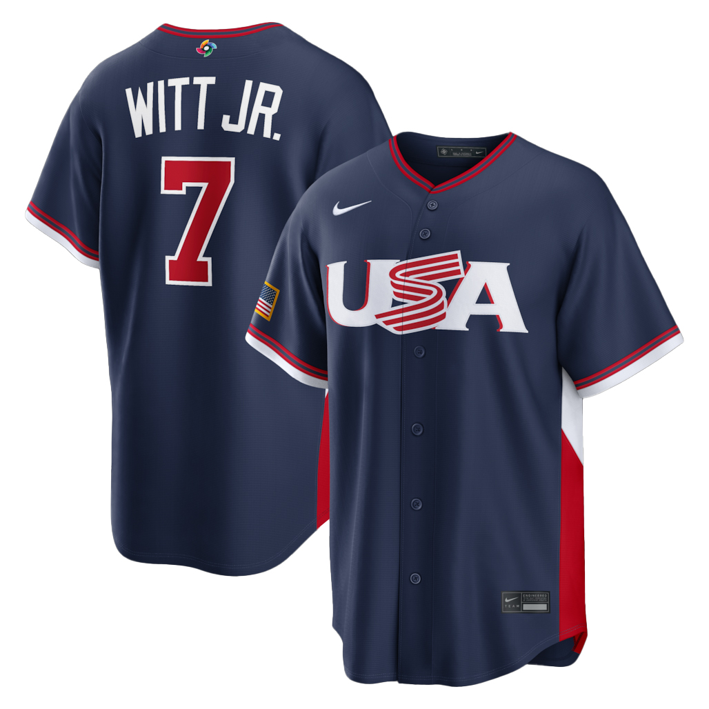 USA Baseball Bobby Witt Jr. Navy 2026 World Baseball Classic Road Stadium Baseball Jersey 1 USA Baseball Bobby Witt Jr. Navy 2026 World Baseball Classic Road Stadium Baseball Jersey