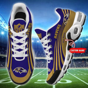 Baltimore Ravens Personalized Name Team Colors Wave Lines Shoes Air Cushion Sneakers