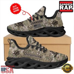National Football League Custom Name Miami Dolphins US Army Military Veteran Camouflage Air Max Shoes Air Cushion Sneakers