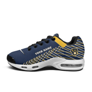 Milwaukee Brewers Personalized Name Team Colors Jagged Lines Air Max Shoes Air Cushion Sneakers