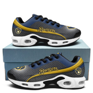 Milwaukee Brewers Personalized Name Team Colors Wave Line Beehive Pattern Air Max Shoes Air Cushion Sneakers