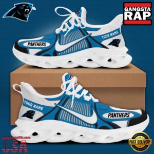 Personalized National Football League Carolina Panthers Blue White Stripes Logo Clunky Air Max Shoes Air Cushion Sneakers