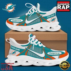 Personalized National Football League Miami Dolphins Blue White Stripes Logo Air Max Shoes Air Cushion Sneakers
