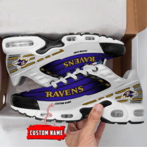 Personalized Baltimore Ravens Black And Team Color Stripes White Shoes Air Cushion Sneakers