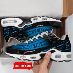 Personalized Carolina Panthers Black And Team Color Stripes Black Shoes Air Cushion Sneakers