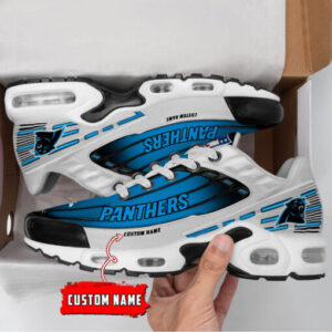 Personalized Carolina Panthers Black And Team Color Stripes White Air Max Shoes Air Cushion Sneakers
