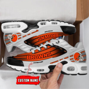 Personalized Cleveland Browns Black And Team Color Stripes White Shoes Air Cushion Sneakers